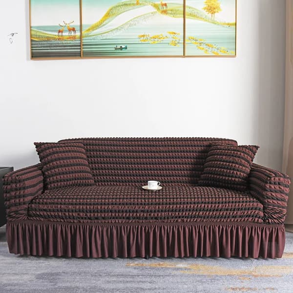 Bubbligt sofföverdrag - Elastiskt heltäckande soffskydd med kjol - Stretchpolyester - För 3-sits soffa 190–230 cm - Black Coffee