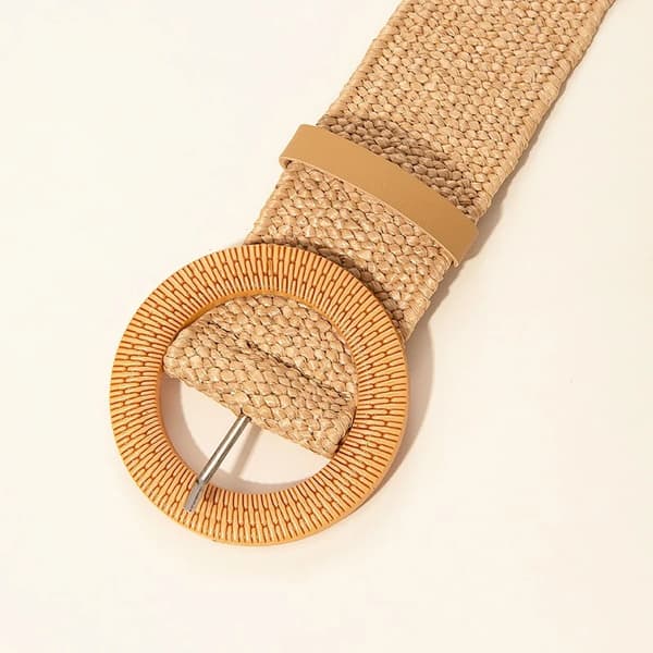Dam Boho Stråbälte - Flätat Midjebälte - Rund Spänne - Pärldetaljer - Längd 97 cm - Bredd 4,3 cm - Khaki