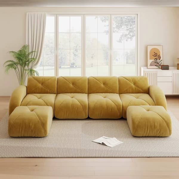 Modulær sofa til stuen - Sofasæt i chenille - 2 matchende puffer - Moderne design - Skal samles - Gul