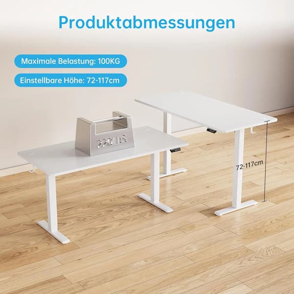 Skrivebord - Hæve sænkebord til computer - 140 x 60 cm - Stå-sid arbejdsplads - Rektangulær - Til hjemmekontor - Hvid