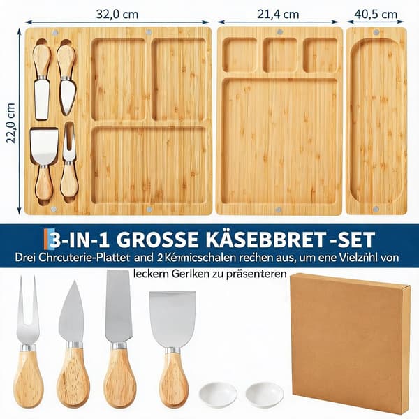 Ostbricka - Serveringsbricka I Trä - 3 Delar Med Knivset - Rektangulär - För Ost, Korv Och Snacks - Khaki