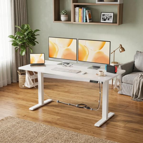 Skrivebord - Hæve sænkebord til computer - 140 x 60 cm - Stå-sid arbejdsplads - Rektangulær - Til hjemmekontor - Hvid