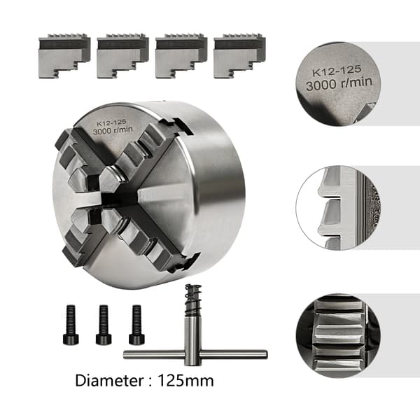 Drejefoder - 4-Bakker Selvcentrerende - 125 mm - Manuelt - Sølv