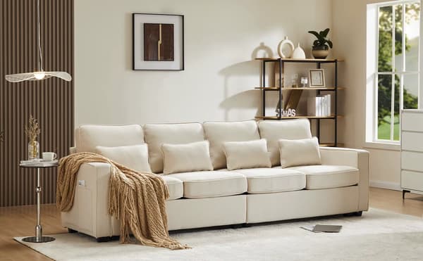 4-sitssoffa - U-formad linnesoffa - Modern stil - Armstödsfickor - 4 kuddar - Beige