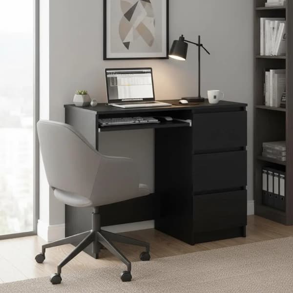 Skrivebord - Computerbord - 90x45x76 cm - Sort egetræslook i spånplade - Treramme - Samles selv - Sort