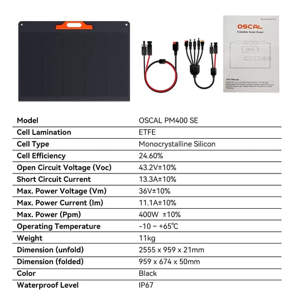 Bærbart solpanel - PM400SE - 400 W - 18 V - Foldbart - Fleksibelt - IP67 - ETFE-belægning
