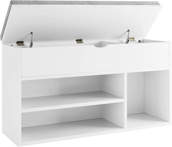 Skoförvaringsbänk - Bänk med dyna - Lyftbart lock - 2 hyllplan - Plast - Vit