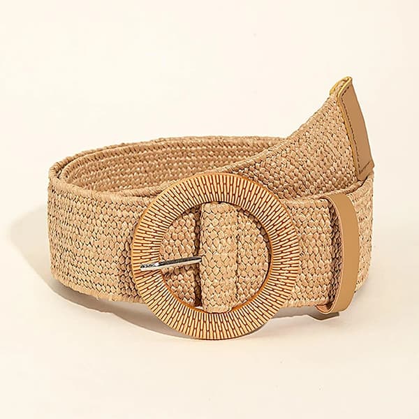 Dam Boho Stråbälte - Flätat Midjebälte - Rund Spänne - Pärldetaljer - Längd 97 cm - Bredd 4,3 cm - Khaki