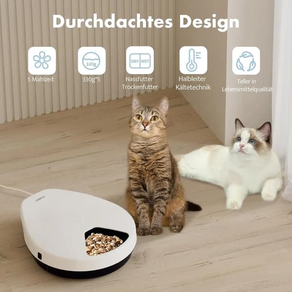 Foderautomat til kat & hund - F10 - 5 måltider med timer - 24 t friskholdning - 3 køletrin - Tør- & vådfoder - Størrelse L