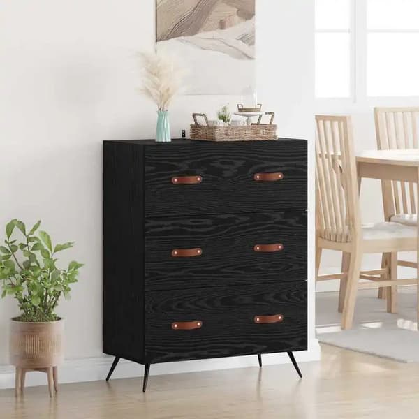 Kommode i egetræ - Skuffekommode - 69,5 x 34 x 90 cm - Trækomposit - Til opbevaring af småting - Sort