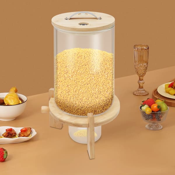 Korn- og müslidispenser - Rund bordbeholder - 7,5 L glas rustfrit stål bambus - Lufttæt tørvareopbevaring - Til ris nødder kaffe slik dyrefoder - Klar