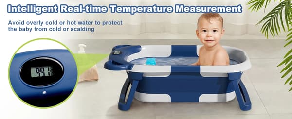 Babybadkar - QC-B08T - Hopfällbart - Med termometer - Mjuk flytkudde - Avtappningspropp - Resevänlig - För nyfödda - Blå