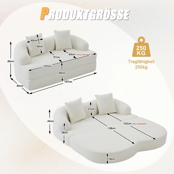 2-i-1 Chenillesoffa - 2-sits bäddsoffa - Utfällbar - 2 Kuddar - Multifunktionell - Beige