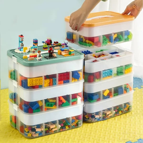Förvaringsbox för byggklossar - 3-lagers plastbox - Stapelbar - Platt front - Rektangulär - Blå