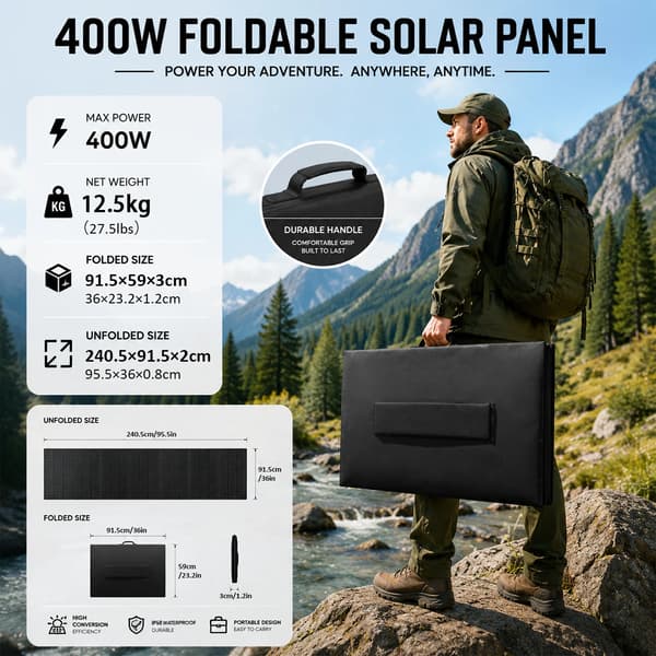 Bærbart solpanel - 400 W foldbart solcellepanel sæt - 4-delt design - vandtæt - oplader til power station - camping