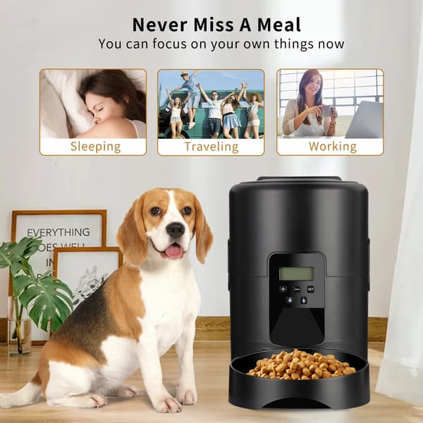 Automatisk katte- og hundefoderautomat - 2L tørfoderdispenser med knapper - Programmerbar timer - LCD-display - USB 5V strøm - Sort
