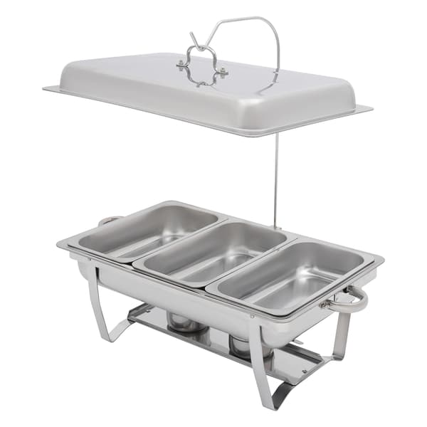 Buffet-madvarmer i rustfrit stål - Rektangulær chafing dish - 3 bakker - Med låg - Til catering & buffet - Sølv