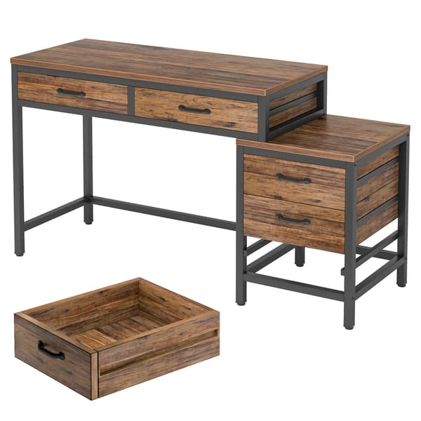 Computerbord - Skrivebord 150×50 cm - 3 skuffer - Vendbare skuffer - Industriel arbejdsstation - Rektangulær - Rustic Brown 02
