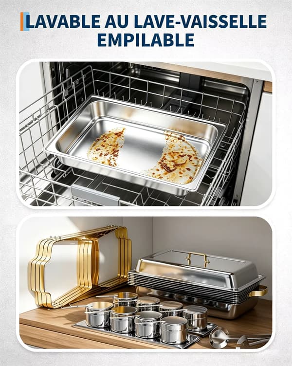 Chafing Dish - Rektangulær buffetmadvarmer - Rustfrit stål 201 - 7,6 l - Lågholder - Ske og tang - Guld