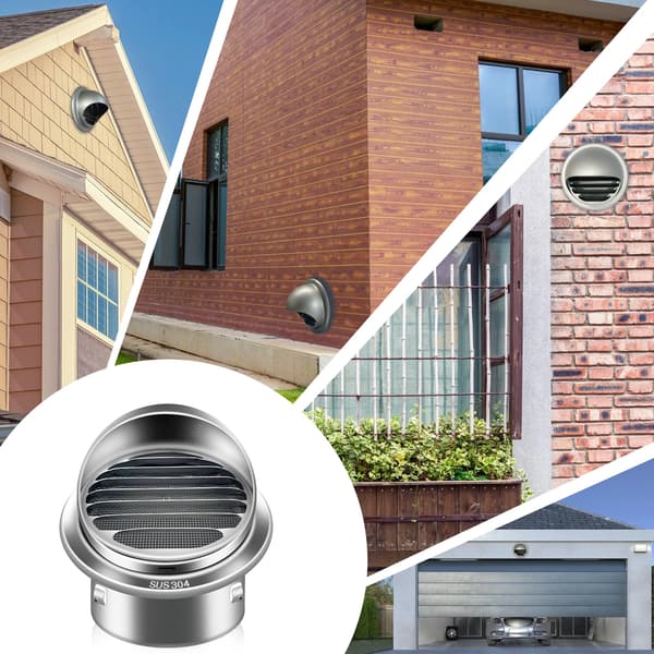 Ventilationsrist - Rund Udsugningsrist - Diameter 100 mm - 304 Rustfrit Stål - Insektnet - Skruemontering - Med Hætte - Lysegrå