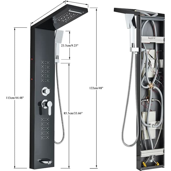 LED Regnbruser - Bruserpanel med kropsdyser og badekarstuds - 304 rustfrit stål - LED-lys med telefonstyring - Stor bruser >40 cm - Etgrebsarmatur - Sort