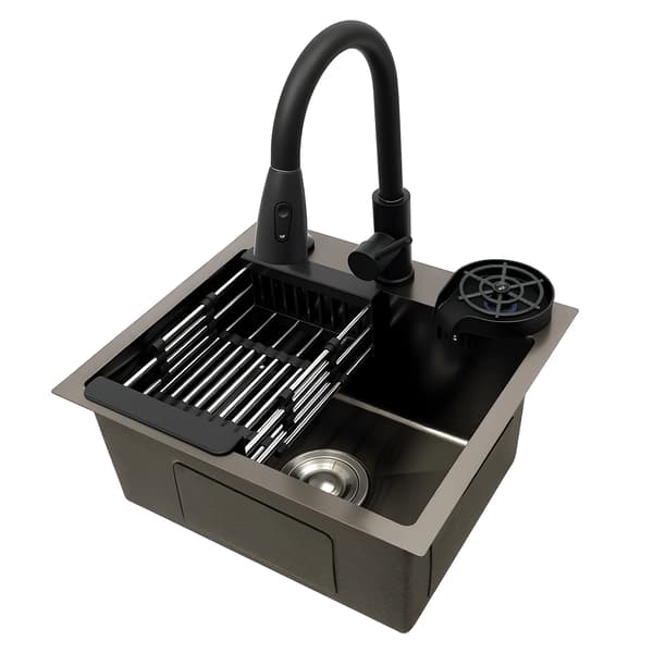 Køkkenvask 45×40 cm - Enkeltskåls rustfri stålvask workstation - Udtræksarmatur 40 cm - Plan/underlimet montering - Rektangulær kumme - Sort