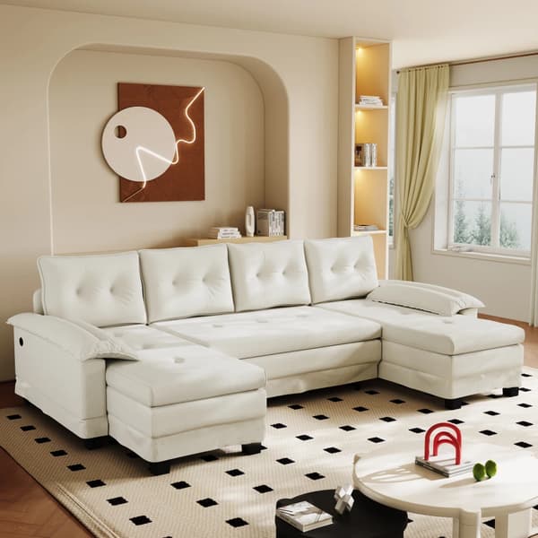 Modulsoffa - U-formad bäddsoffa - Konvertibel - Chenille - Träram - Modern design - Beige