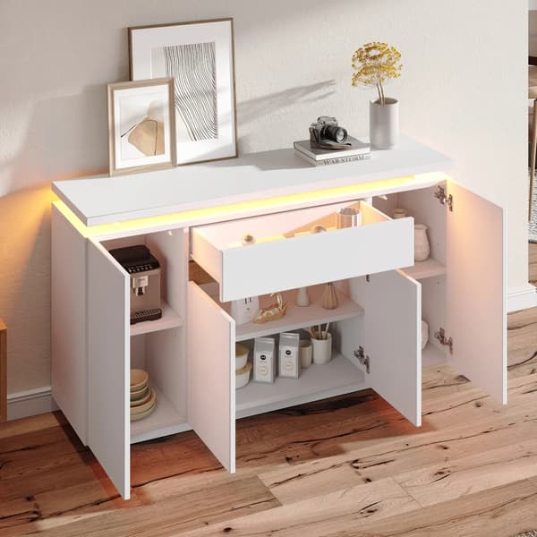 Skænk - Kommode - LED-belysning - 140 x 40 x 80 cm - 1 skuffe - 4 låger - Spånplade - Hvid