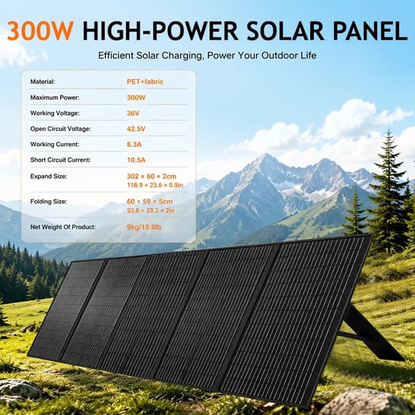 300W solpanel - Bærbart foldbart solcellepanel sæt - Vandtæt - Nødstrøms oplader - Til camping og autocamper - Til power station og off grid