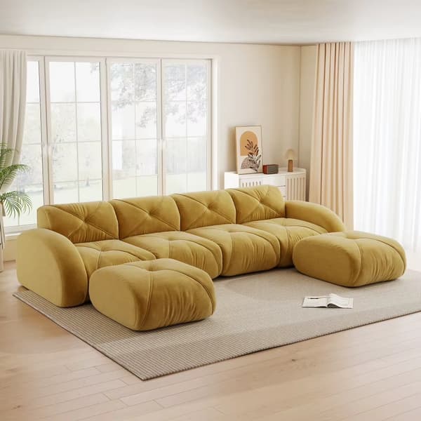 Modulær sofa til stuen - Sofasæt i chenille - 2 matchende puffer - Moderne design - Skal samles - Gul