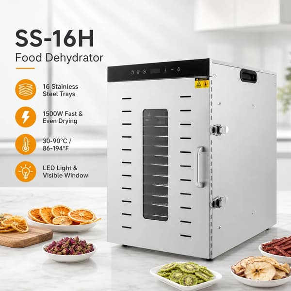 Fødevaredehydrator - Madtørrer SS-16H - 1350 W - 16 Bakker - Rustfrit Stål - 30–90 °C - 24 Timers Timer - Digital Touchskærm