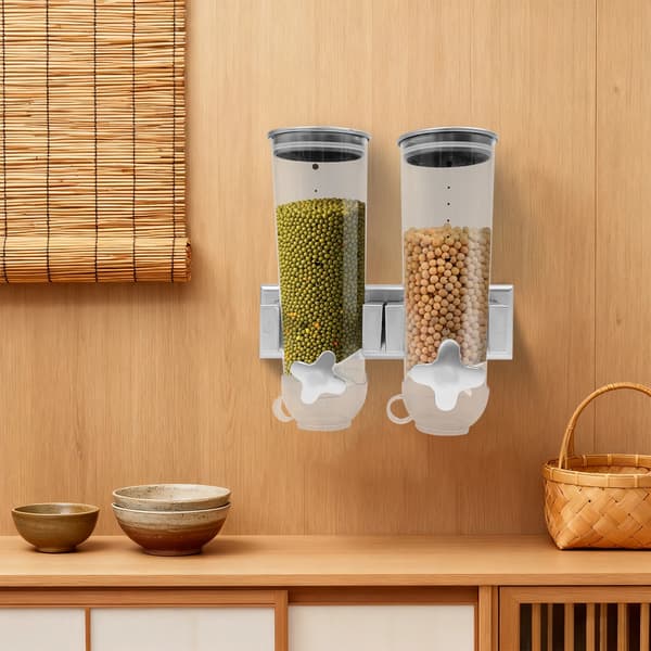 Vägghängd matbehållare - Torrfoderdispenser 3L - Dubbel behållare - 2 mätkoppar - För spannmål och djurfoder - 29x15x30 cm