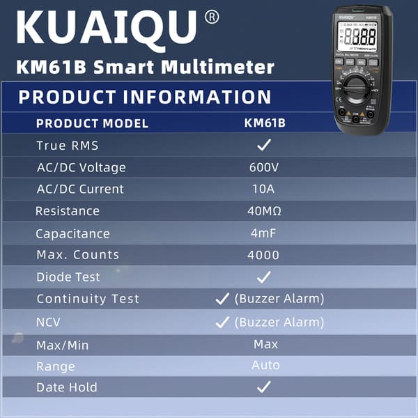 Digital multimeter - KM61B - True RMS - 6000 counts - auto range - AC/DC 600V 10A - kapacitans 100mF - modstand 60MΩ