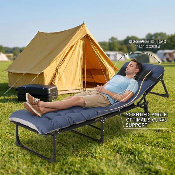 Sammenklappelig Campingseng - Til Voksne - 200 cm - Højdejusterbar - Med Madras - Polyester - Blå