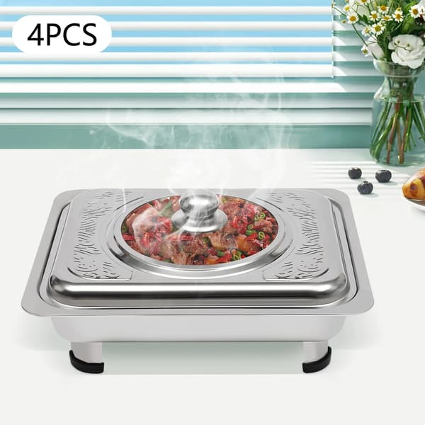 Chafing Dish Buffet Sæt - Rektangulær Serveringsvarmer - 4-pak - Med Låg - Rustfrit Stål - Til Buffet & Catering - Sølv