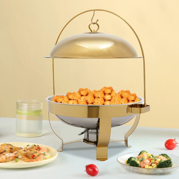 Chafing Dish Buffet Sæt - Rund Buffetvarmer - 8 L - Rustfrit Stål - Til Hotel, Kantine, Restaurant - Guld