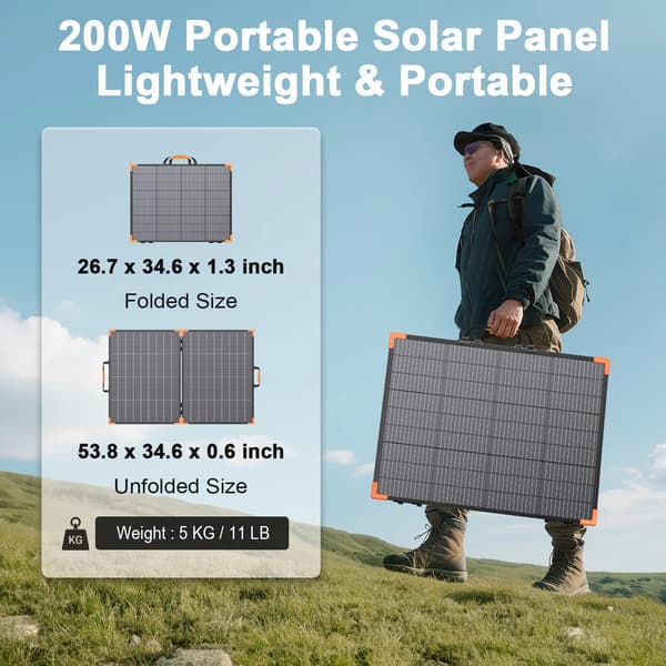 Bærbart solpanel 200W - Sammenklappeligt monokrystallinsk solcellepanel - 2 paneler - 24% effektivitet - ca. 138 x 90 x 2 cm - Til camping