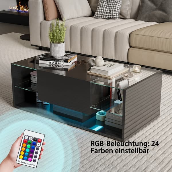 Sofabord - Stuebord - Højglans - LED-belysning - 2 skuffer - Rektangulær - Træ - 104x53x46 cm - Sort