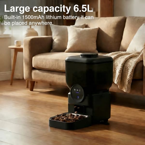 Automatisk kattefoderautomat - Smart WiFi foderdispenser - App-styring, Kamera, Kapacitet 6,5 L, Genopladelig, Rustfrit stål - Sort