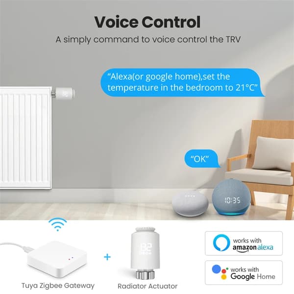 Smart Zigbee-radiatortermostat - TRV termostatventil - Appstyrd - Röststyrd - Programmerbar - För Zigbee-gateway - 6-pack utan gateway