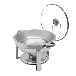 Chafing Dish - Rund Buffetvarmer - 5 l - Rustfrit Stål - Glaslåg - Lågholder - Sølv