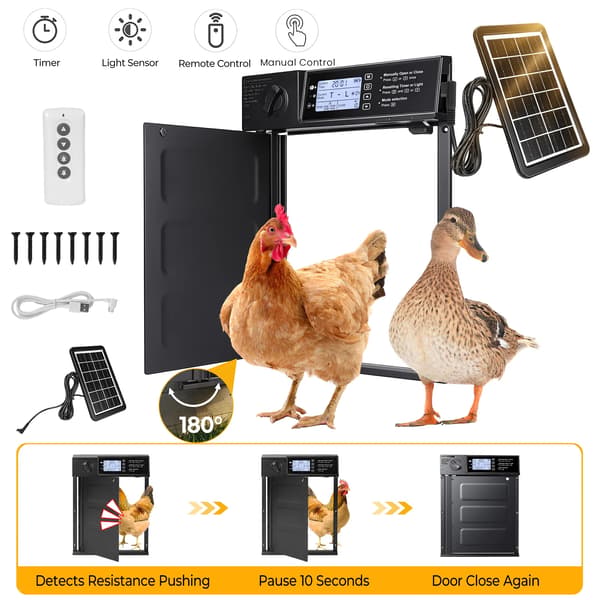 Automatisk hönslucka - Solcellsdriven - Aluminium - Timer - Ljussensor - Skydd och larm - Svart