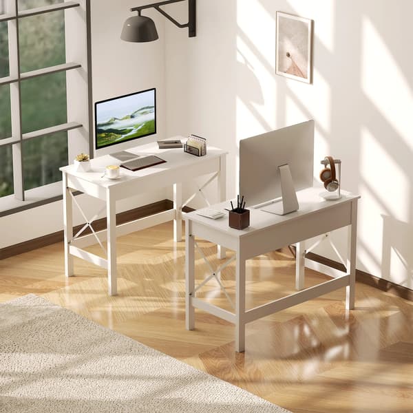 Computerskrivebord - Computerbord - Rektangulær 105x50x76 cm - Forstærket X-ramme i plast - Samling kræves - Moderne stil - Hvid