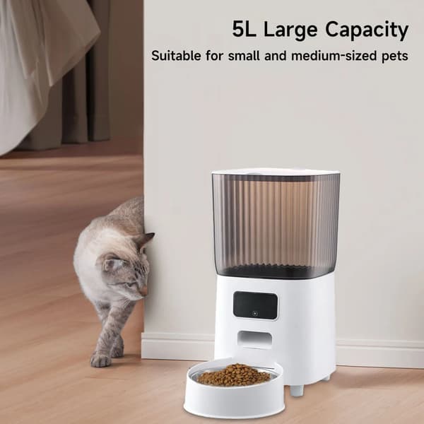 Automatisk kattefoderautomat - Smart WiFi 5 L - App-styret - Tidsindstillet fodring - Til tørfoder - Portioner 50–2000 g - Hvid