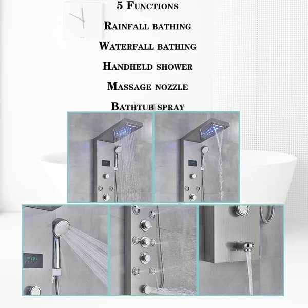 LED Duschpanel - 8009 Duschsystem med badkarblandare - Borstad nickel - 3-grepps - Keramisk ventil - Fast montering - >40 cm - Vit