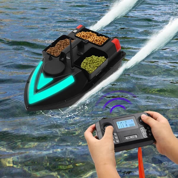 Foderbåd til fiskeri - RC-båd - 500 m rækkevidde - GPS - 3 foderkamre - 5200 mAh batterier - Til søer, floder, lavt vand - Sort