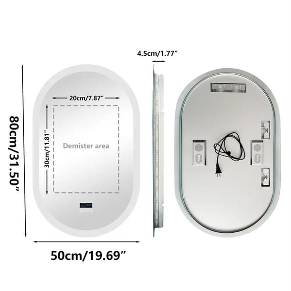 Oval LED-badrumsspegel - Väggmonterad sminkspegel - Bluetooth - Digital display - Bak- och frontbelyst - Imfri - 800 x 500 mm