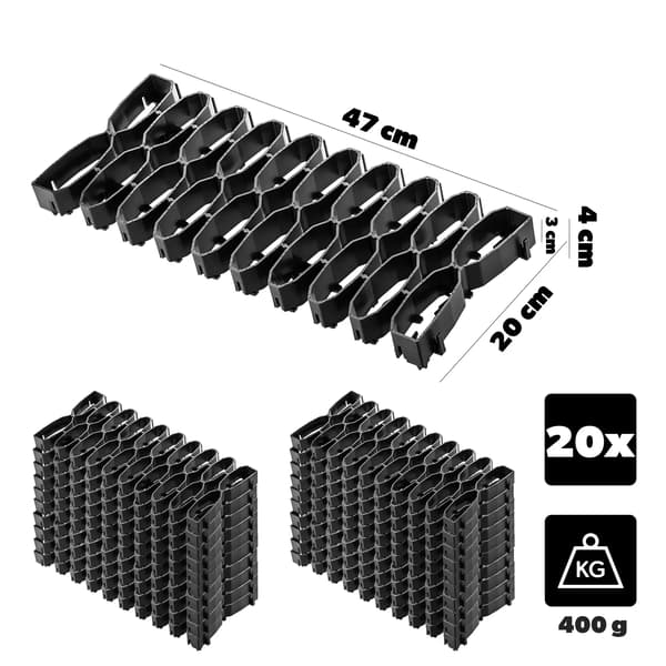 Græsarmeringsplader - Plænegitter - 47 cm Moduler - 20 stk - Sort