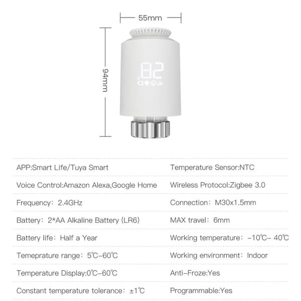 Smart Zigbee-radiatortermostat - TRV termostatventil - Appstyrd - Röststyrd - Programmerbar - För Zigbee-gateway - 6-pack utan gateway