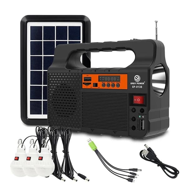 Solbelysningssæt - Bærbart solenergisystem - Solpanel - 3 LED-pærer - Til camping og vandring - Sort